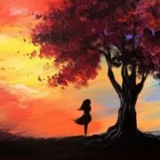 A painting of a woman standing under a tree at sunset.