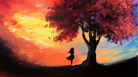 A painting of a woman standing under a tree at sunset.