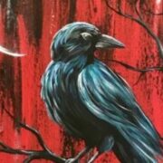 A painting of a crow sitting on a branch.