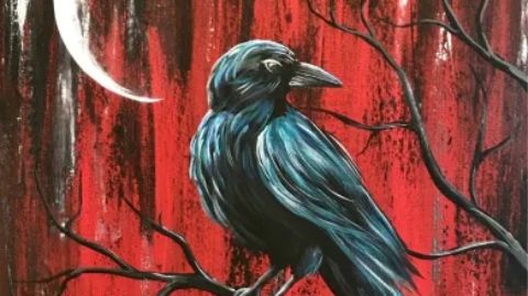 A painting of a crow sitting on a branch.
