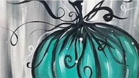 A painting of a teal pumpkin with black and white swirls.
