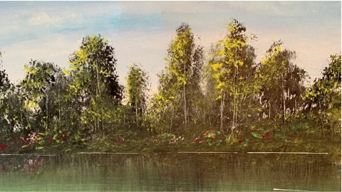 A painting of a lake with trees and flowers.