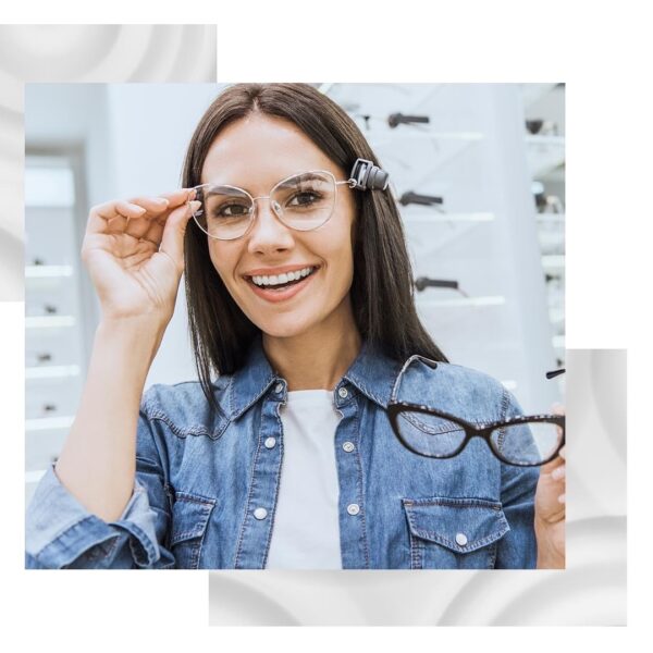 A woman wearing glasses in a store.
