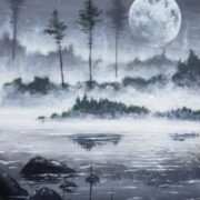 A painting of a full moon over a lake.
