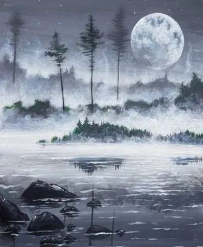 A painting of a full moon over a lake.