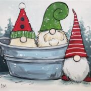 A painting of three gnomes in a bucket.
