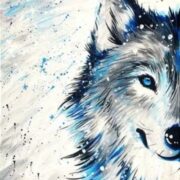 A painting of a wolf with blue eyes.