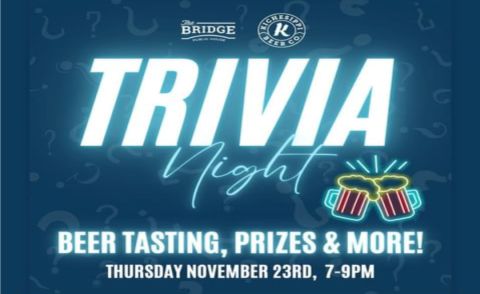 A poster for trivia night with beer tasting, prizes and more.