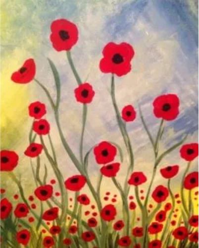 A painting of red poppies on a blue sky.