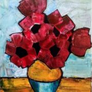 A painting of red poppies in a blue vase.