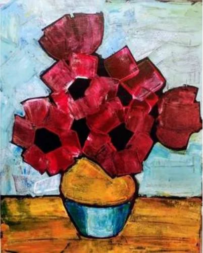 A painting of red poppies in a blue vase.