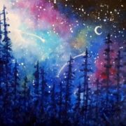 A painting of a night sky with stars and trees.