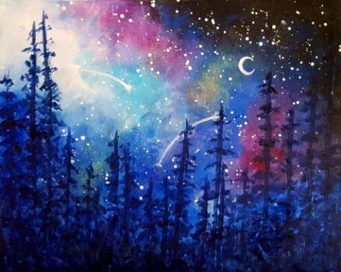 A painting of a night sky with stars and trees.