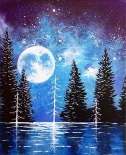 A painting of a night sky with trees and a moon.