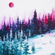 A painting of a snowy landscape with a red sun.