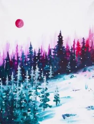 A painting of a snowy landscape with a red sun.