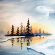 A painting of a lake with trees and a moon.