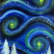 A painting of a starry sky with trees and snow.