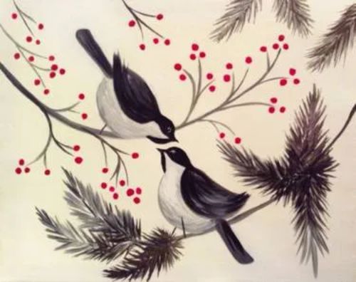A painting of two birds on a branch with berries.