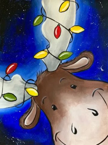 A painting of a moose with christmas lights.