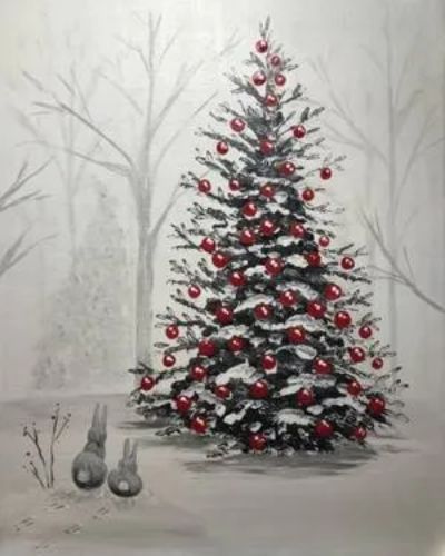 A painting of a christmas tree in the snow.