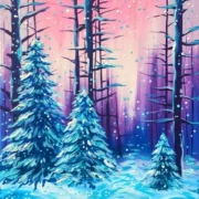 A painting of a snowy forest with trees.