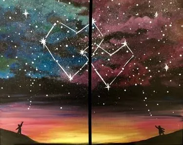 A painting of a constellation with a person in the middle.