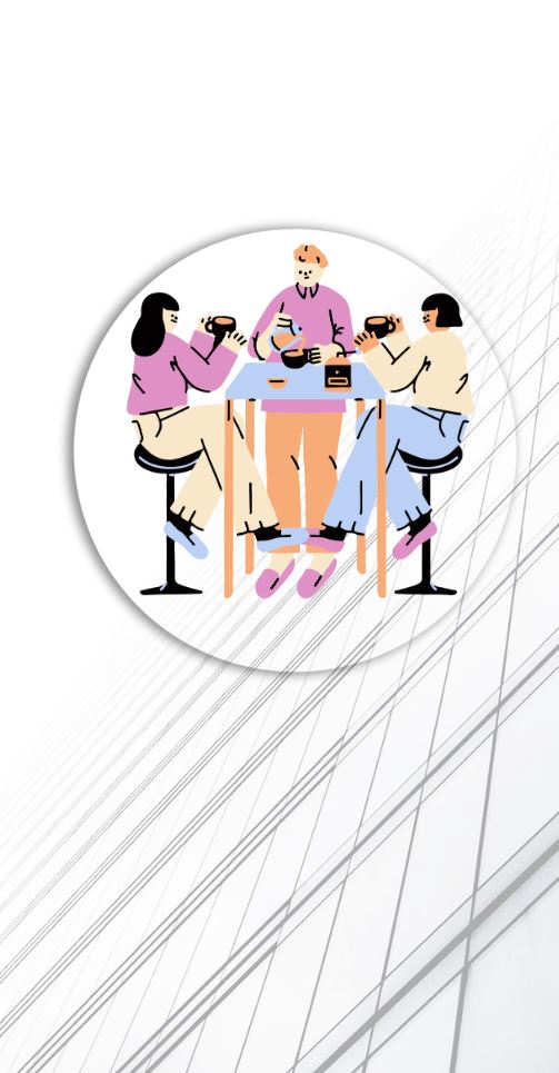 An illustration of a group of people sitting at a table.