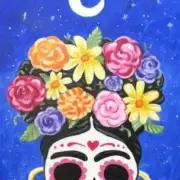 Colorful illustration of a skull with floral crown under a starry sky and crescent moon, in a style reminiscent of día de los muertos.