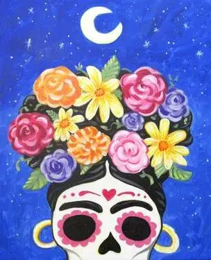 Colorful illustration of a skull with floral crown under a starry sky and crescent moon, in a style reminiscent of día de los muertos.