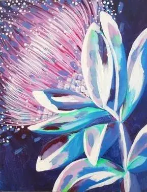 A vibrant painting of blue and white leaves against a background with a burst of pink and white light speckles.