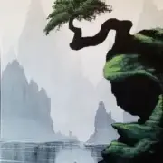 A painting of a mystical landscape featuring towering misty mountains, a serpentine cliff with lush greenery, and a solitary tree extending over a calm lake.