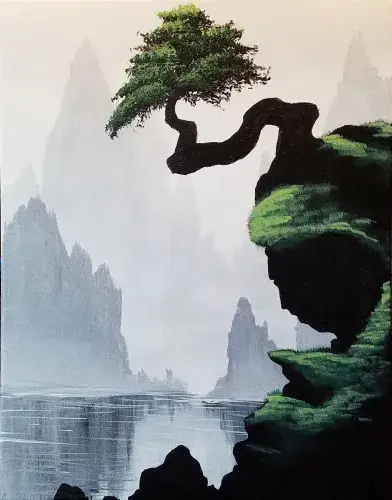 A painting of a mystical landscape featuring towering misty mountains, a serpentine cliff with lush greenery, and a solitary tree extending over a calm lake.