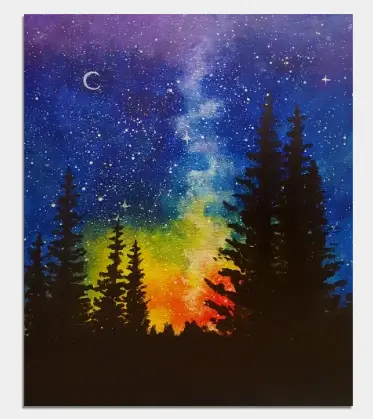 Night sky with moon and stars above a forest of tall pine trees, with a colorful aurora-like glow near the horizon.