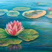 A vibrant painting of a pink lotus flower surrounded by green lily pads on a blue serene water surface.