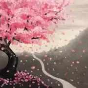 Painting of a cherry blossom tree with pink flowers overhanging a winding path, with petals scattered along the roadside in a misty landscape.