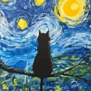 A cat sits on a branch silhouetted against a swirling starry night sky with a prominent yellow moon.