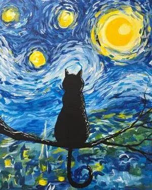 A cat sits on a branch silhouetted against a swirling starry night sky with a prominent yellow moon.