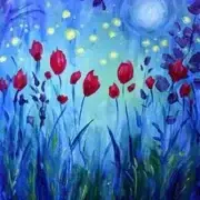 Abstract painting of red tulips in a field at night with a glowing moon and scattered yellow lights in a blue background.