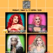 Promotional poster for "drag on tap" event at kichesippi brewery featuring drag performers sunshine, shea, xtra, and adrianna, with event details and ticket prices.