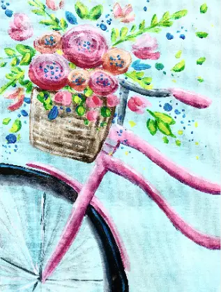 A painting of a pink bicycle with a basket of colorful flowers. The background includes splashes of color and green foliage.