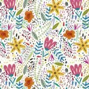 Colorful floral pattern with a variety of flowers and leaves interspersed with dots on a white background.