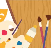 Illustration of an artist's palette with colorful paint, brushes, and theater masks on a wooden background.