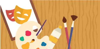Illustration of an artist's palette with colorful paint, brushes, and theater masks on a wooden background.