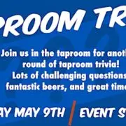 Promotional graphic for a taproom trivia event featuring text, date, and time details on a blue background with question marks.