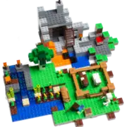 A lego set depicting a minecraft scene with various blocks, figures, and a small building structure on a multi-colored base.