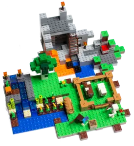A lego set depicting a minecraft scene with various blocks, figures, and a small building structure on a multi-colored base.