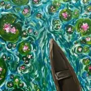 A painting showing the front of a boat moving through a waterway with scattered pink flowers and circular green lily pads.