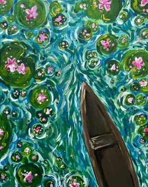 A painting showing the front of a boat moving through a waterway with scattered pink flowers and circular green lily pads.