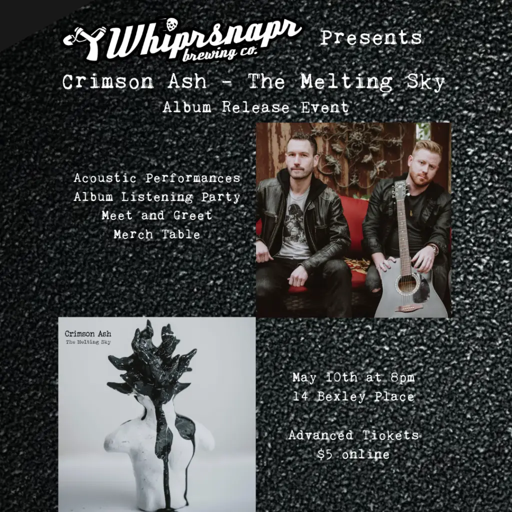 Event poster for "whipsnaring co. presents cry beneath the melting sky album release event" featuring a band, event details, and a dark artistic sculpture.